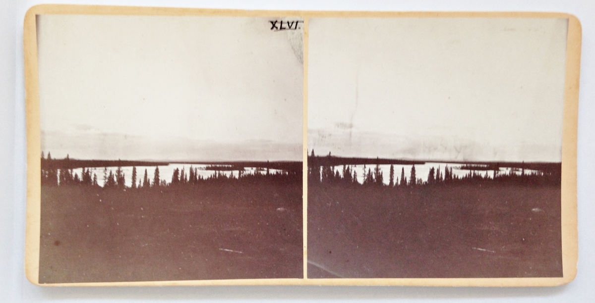 Stereoskopbild med påskrift "Utsigt från Porjus, öfver Stora Lule-elf mot Luopen."