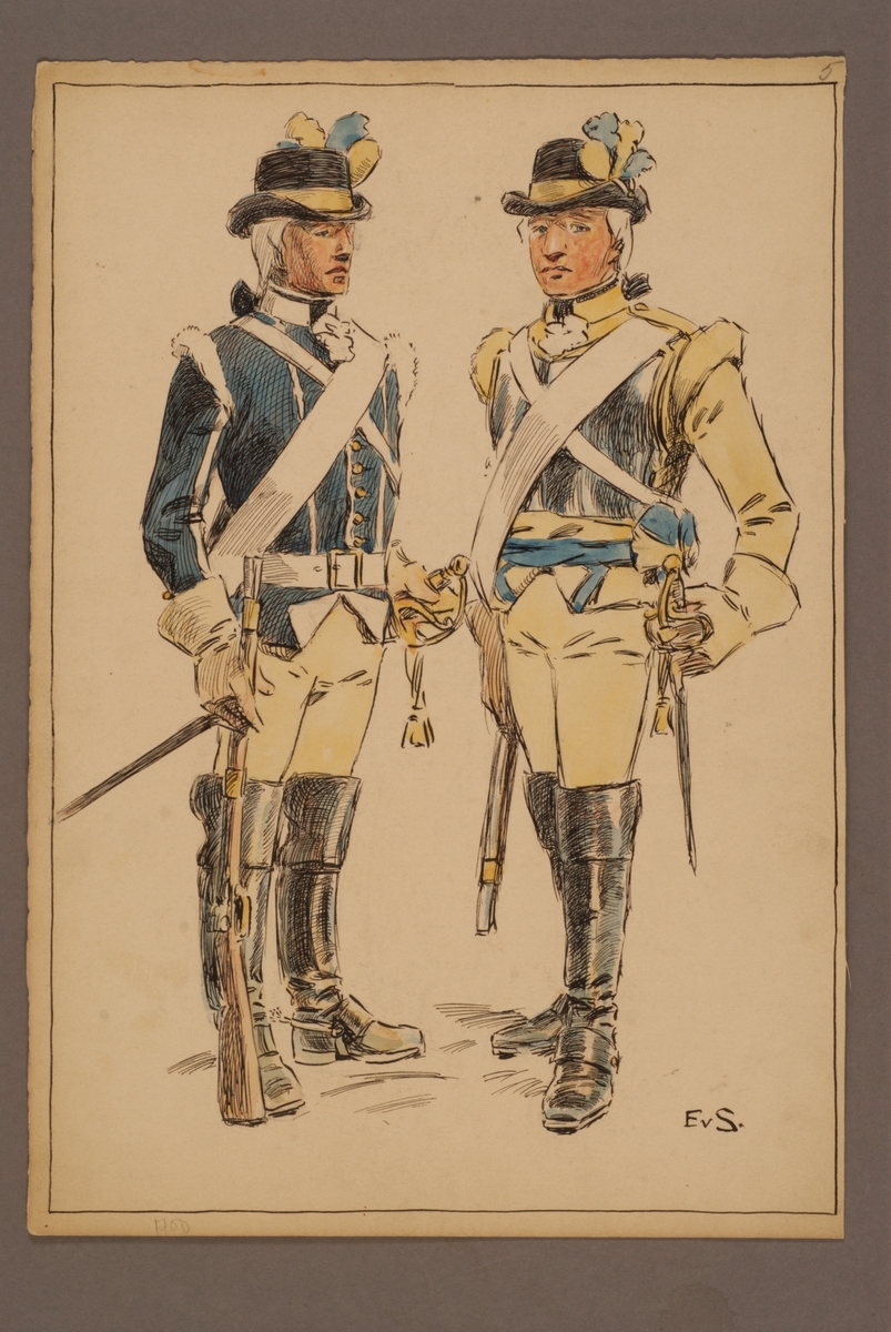 Plansch med uniform för Livregementet till häst, ritad av Einar von Strokirch.