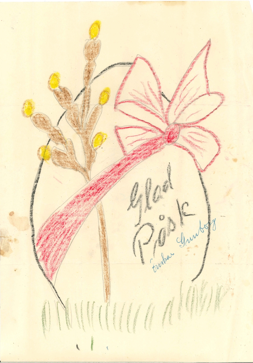 Påskbrev med ett påskägg med en röd rosett runt.

På brevet står:
Glad 
Påsk
önskar
Gunborg

På baksidan står: 
Påskflickan
Karin Johansson

Brevet har varit vikt.