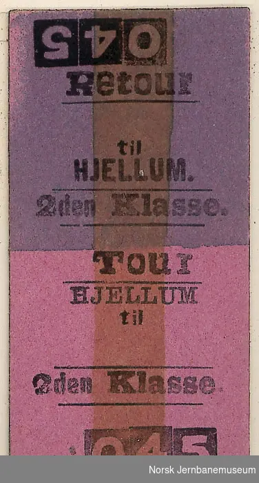 Tur-returbillett fra Hjellum, blanko, 2den klasse, ubrukt