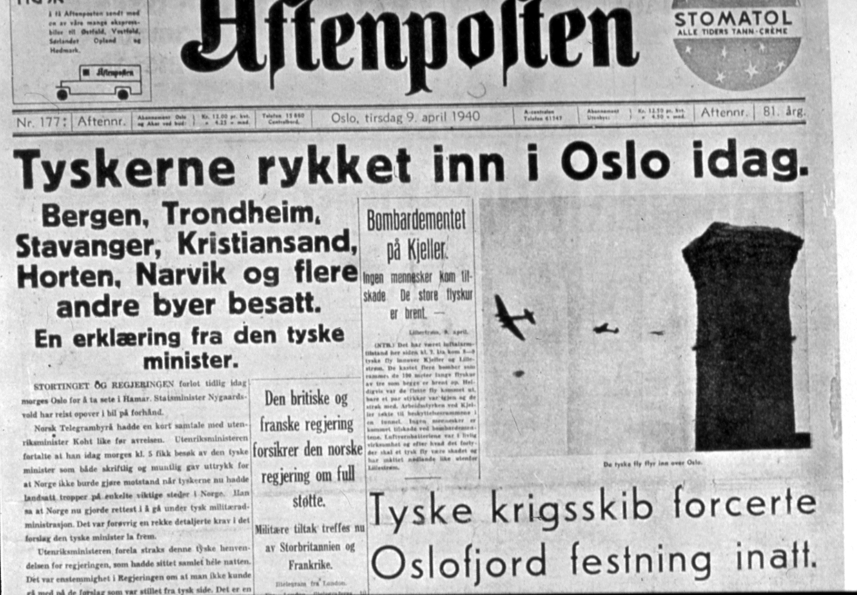 Fra Aftenposten 9.april 1940