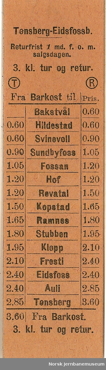 Billett fra Barkost til Tønsberg-Eidsfossbanens stasjoner, tur/retur, 3 klasse, ubrukt
