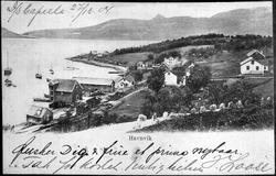 Brygger, båter og gårder i Hamnvik. Vei i forgrunnen.