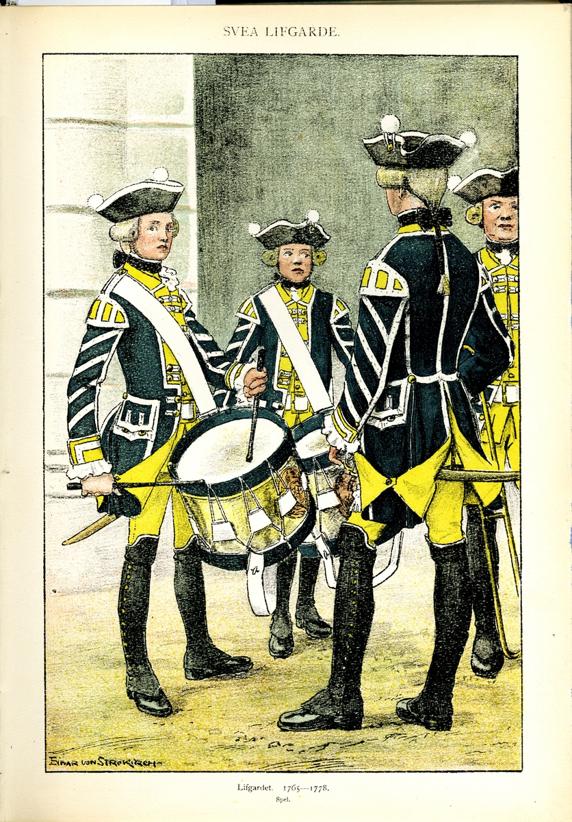 Plansch med uniform för spel vid Svea livgarde för åren 1765-1778, ritad av Einar von Strokirch. Ingår i planschsamlingen Svenska arméns munderingar 1680-1905.