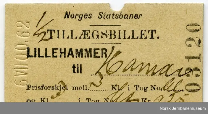 Tilleggsbillett Lillehammer-Hamar, prisforskjell mellom vanlig tog og hurtigtog