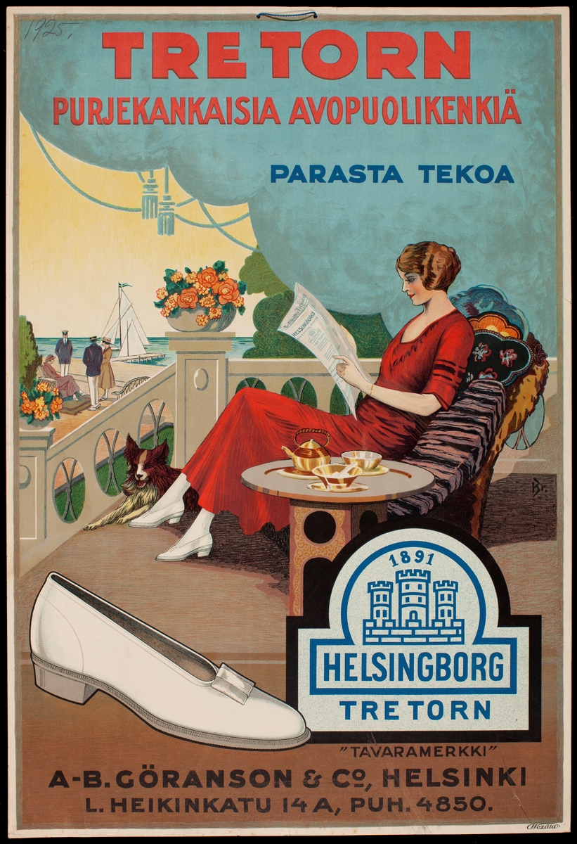 Reklamaffisch för Tre Torns galoscher från Helsingborgs Gummifabriks AB.För finska marknaden.