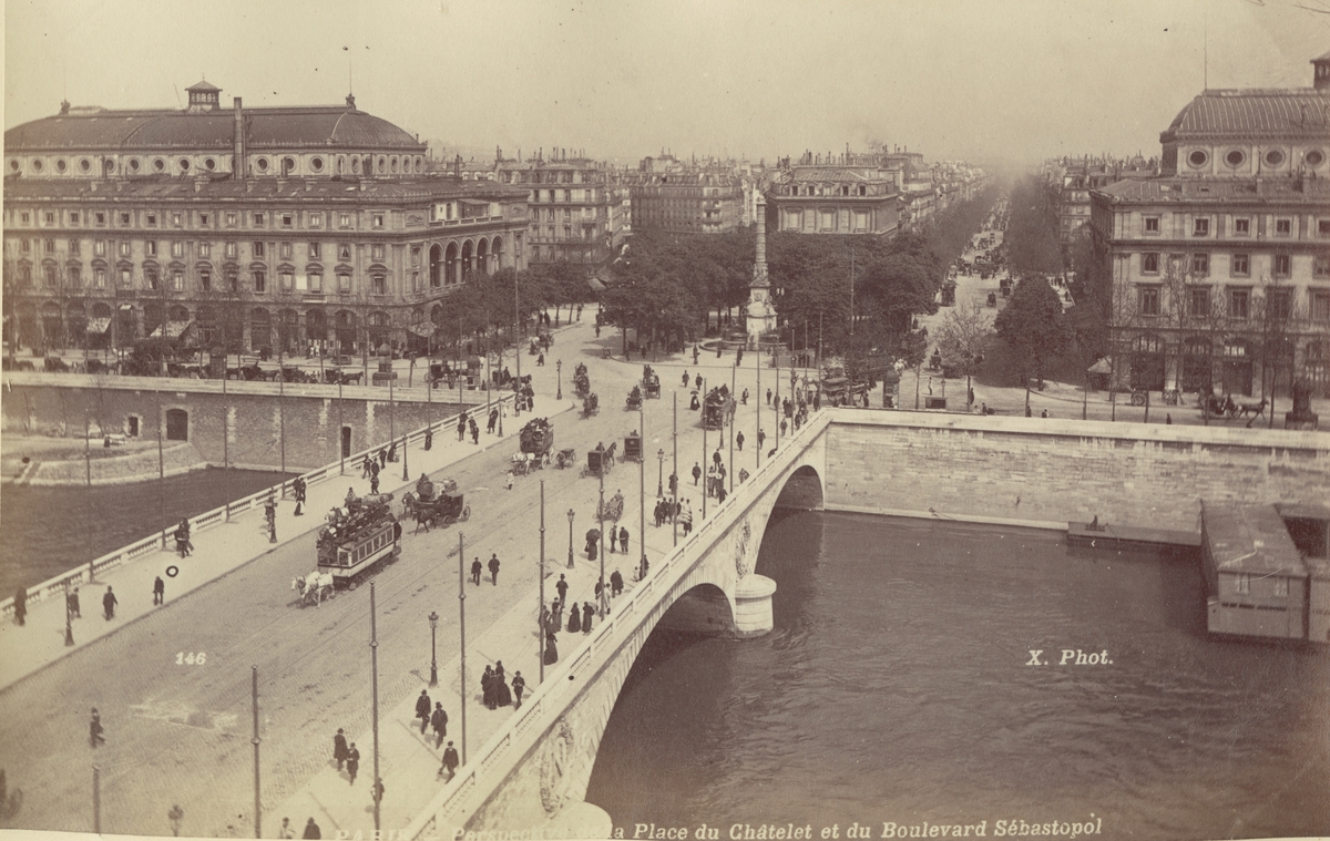 Ur album: Utländska Resan 1890. Place du Châtelet och Boulevard Sébastopol, Paris.