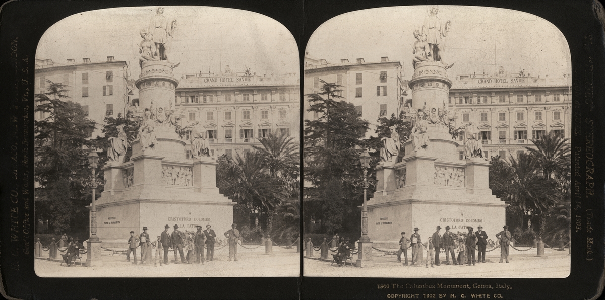 Stereobild av Columbus monunentet, Geona, Italeien.
"1860 The Columbus Monument, Genoa, Italy".