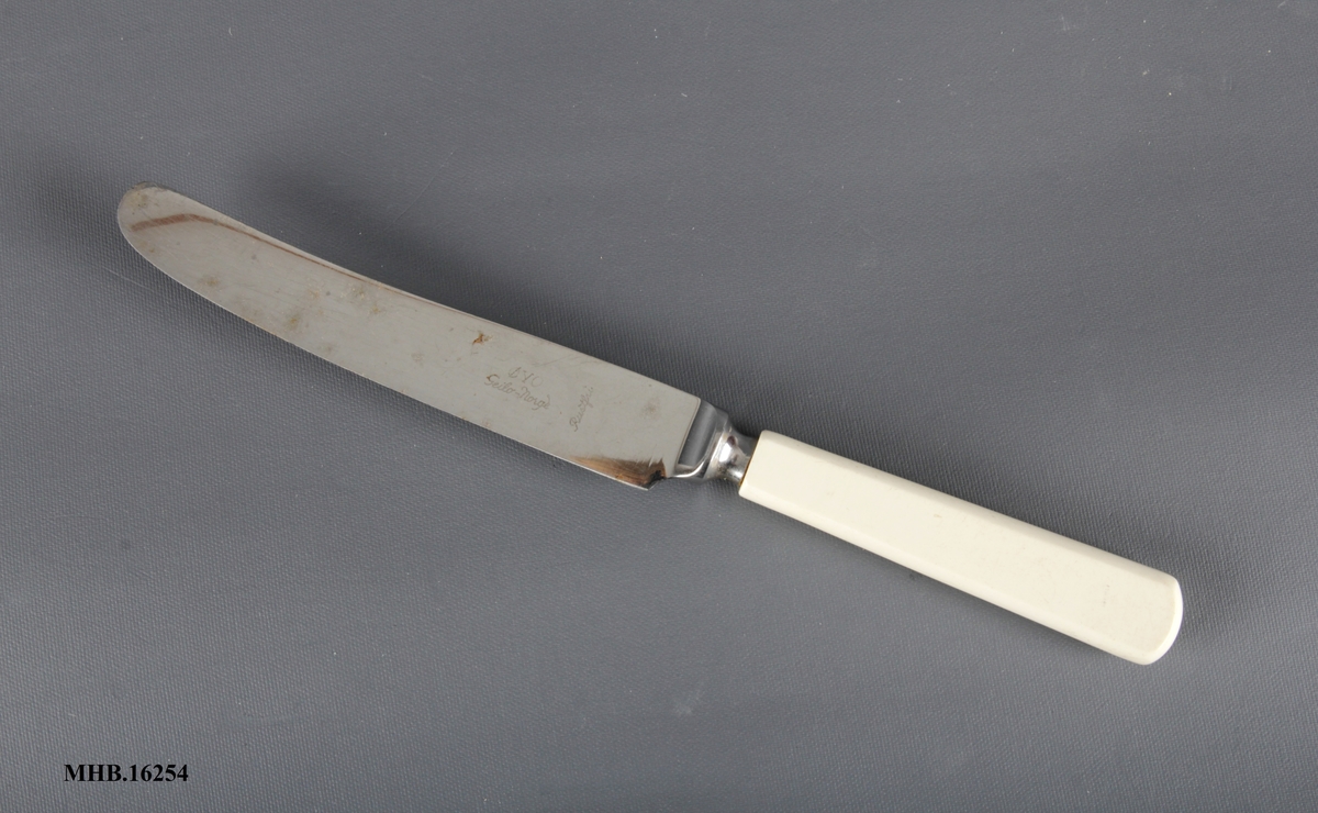 Bordkniv med avrundet blad og plastskaft.