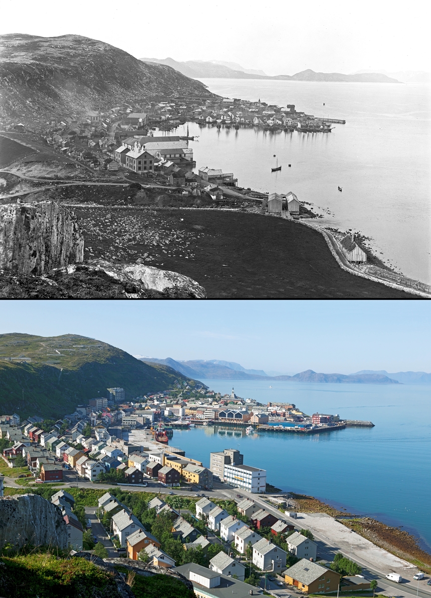 Refotografering. Hammerfest i Finnmark. Fotografert 1889 og 2004. Byen er gjenoppbygget etter annen verdenskrig og utvidet fra tettsted til by.