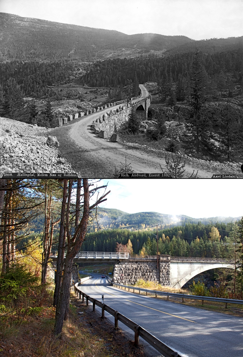 Refotografering. En veibro går over Hallingdalselva ved Svenkerud i 1890. En jernbanebro går over Halligsdalselva ved Svenkerud i 2014.