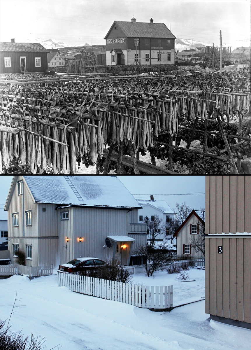 Refotografering. Fiskerhjemmet med tørrfisk hengende på hjeller i april 1935. Erstattet med boliger i 2015. Fotografert 1935 og 2015.