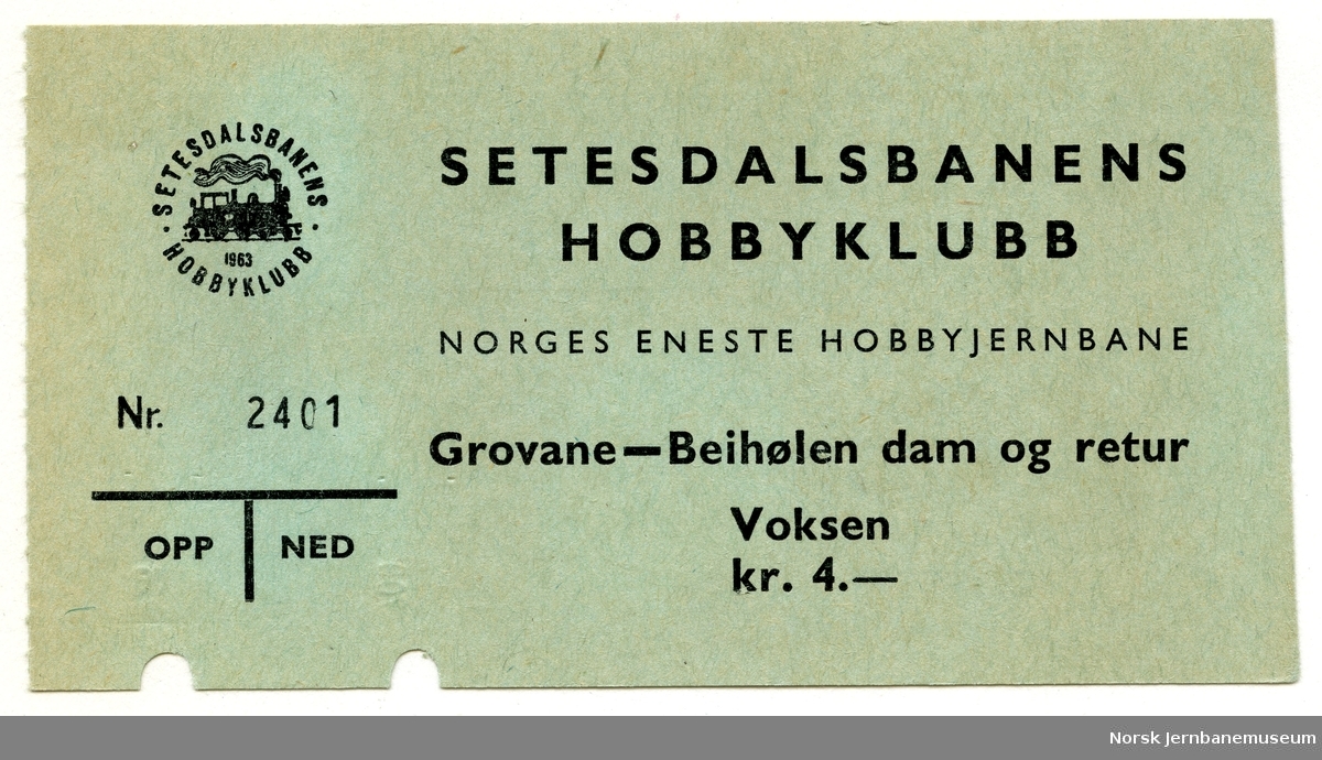 Setesdalsbanens Hobbyklubb, billett Grovane-Beilhølen og retur, voksen, brukt