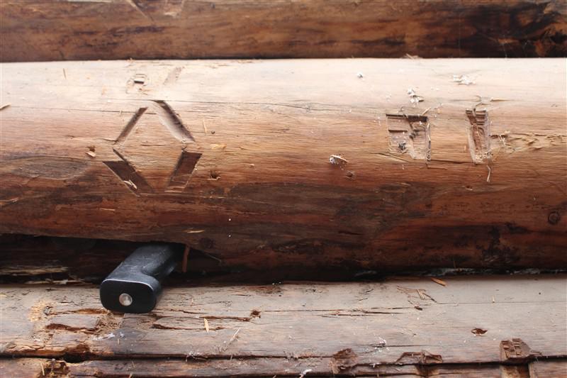 Stokk med en svensk "Ø" innrisset i en tømmerstokk