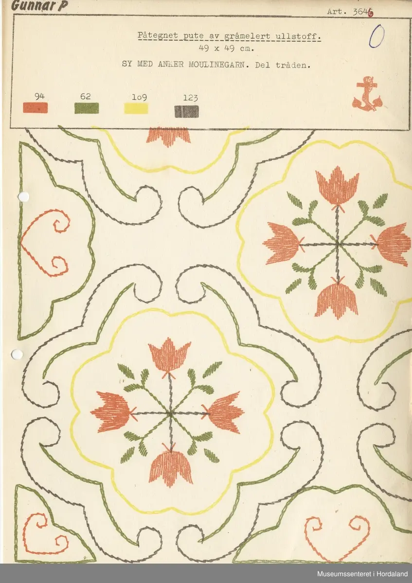 Trykt mønsterark i A4-format til brodert tekstil.