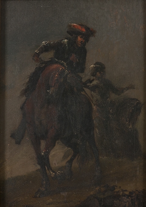 En ryttare framställd i fas något till höger på en brun häst. Han är iförd svart rustning och mörk hatt med röd plym. I bakgrunden skymtar en annan ryttare, som ger tecken till den förre. Brun-grön fond.