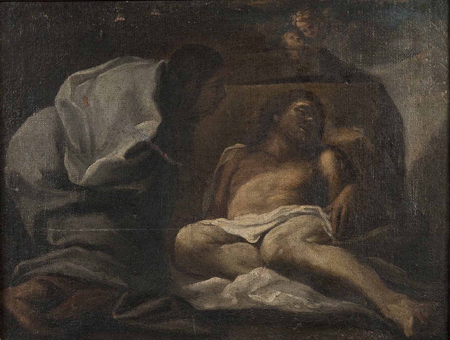 Till höger ses Kristus liggande död. Bakom hans huvud en stenhäll, till vänster böjer sig en knäfallande kvinna fram över den döde. I bakgrunden över stenhällen skymtar två änglahuvuden. Mörk bakgrund.