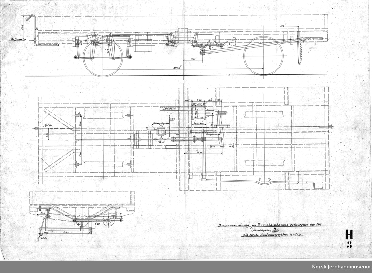 Bolstervogn for Orkedalsbanen, Bevægelige aksler, 11 tonns last

H180 Hovedtegning
H003 Bremseanordning (tegnet 1913)