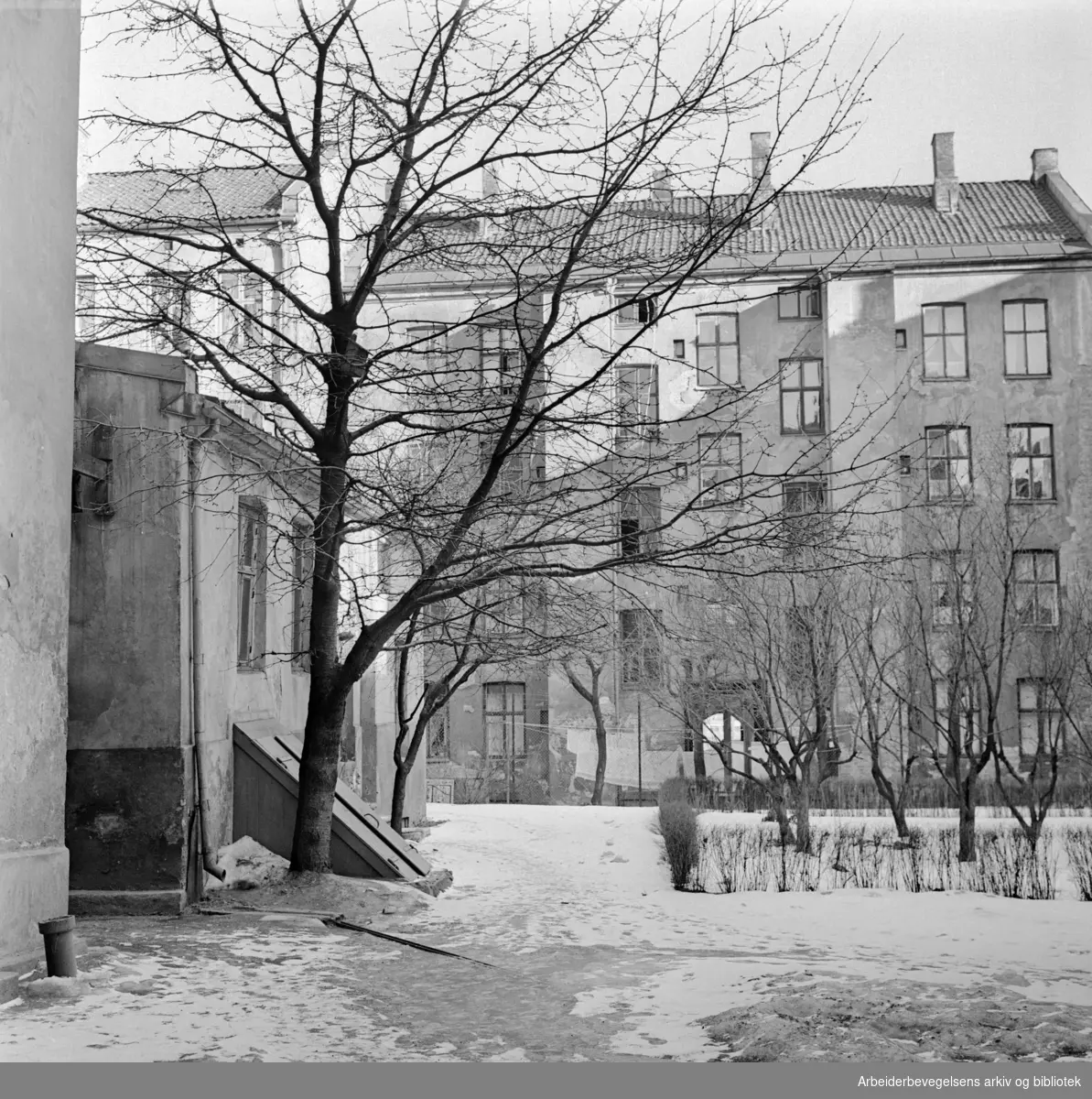 Fossveien. Gårdsplassen i Fossveien 9. Februar 1962
