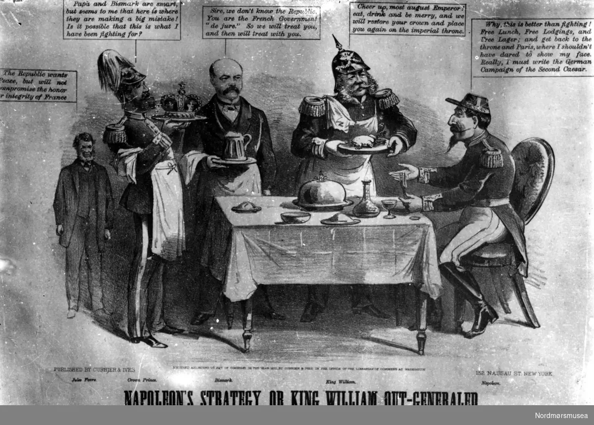 Repro av en tegningen "Et festlig bord" eller "Napoleon's strategy, or King William out-generaled." trolig fra et engelsk vittighetsblad i 1870 årene. Fra Nordmøre Museums fotosamlinger.