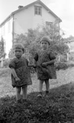 To barn ute i hagen, med et bolighus like i bakgrunnen.
 Hus