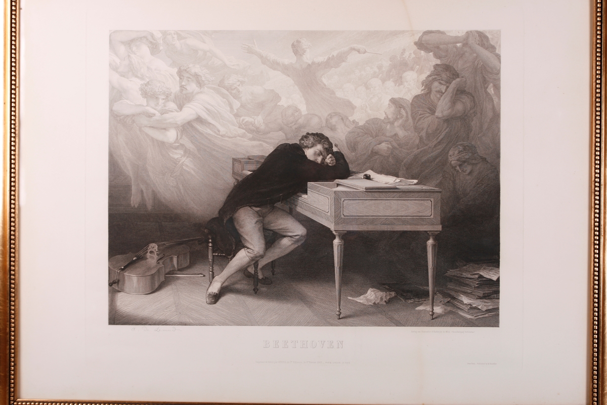 Bildet viser Beethoven sitte sovende på en krakk, lent over et klavikord. En cello til venstre i bildet, og en bunke papir (noter?) til høyre. Han er omkranset av figurer, blant annet en dirigent og et orkester.