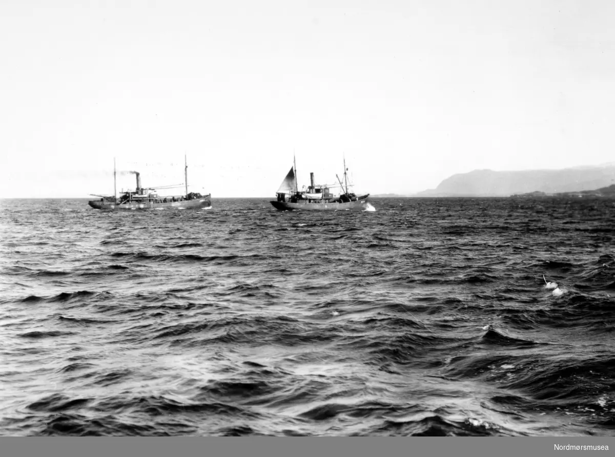 Foto nr. 25718 fra Anders Beer Wilses fotoarkiv, hvor vi ser to fiskedampere ute på sjøen. Fotoet er fra perioden rundt 1910-1930. Fra Nordmøre Museums fotosamlinger.
