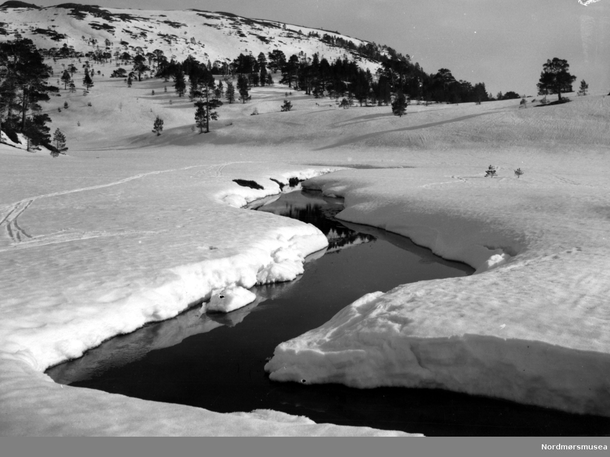 elv bekk snø vinter vår  - Datering er ukjent, men trolig omkring 1950 til 1960. Fra Nordmøre museums fotosamlinger, Myren-arkivet