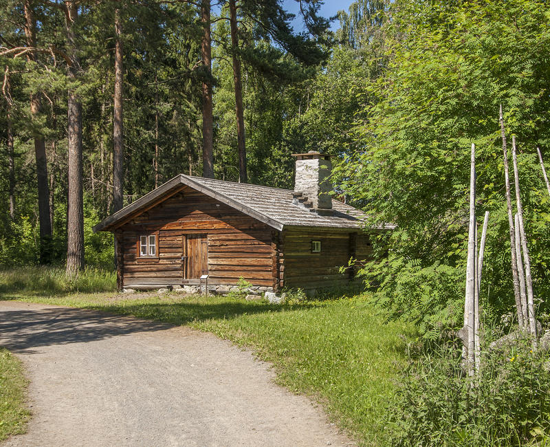 Brunt tømmerhus med flistak og høy pipe ligger idyllisk langs en grusveg med en skigard til høyre og høyre furuer bak. (Foto/Photo)