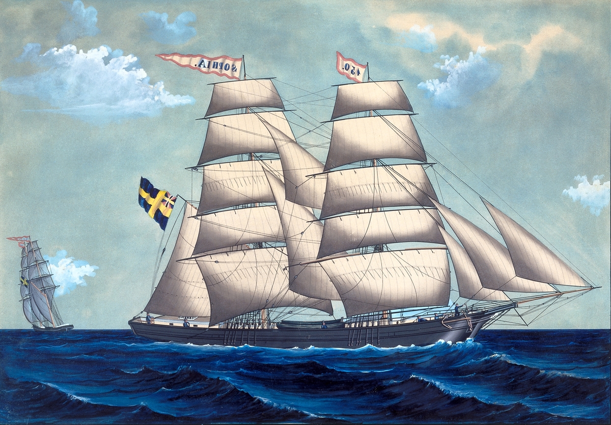 Fartygstavla föreställande Briggen Sophia, målad av Lars Petter Sjöström, osäker år, 187?