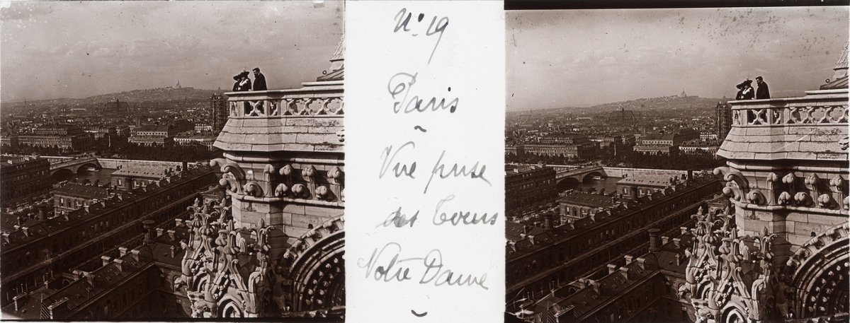 Stereobild av glas, utsikt över Paris, sett från Notre Dame.