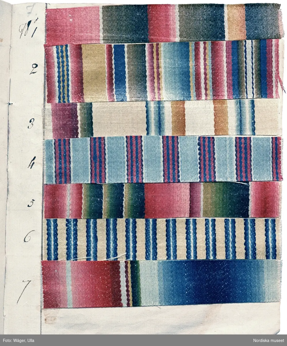 Tygprover ur Anders Berchs samling. 1 p.7-10, prov 1-34 (1-7 på bilden)
”Call.s”, kalminker. Kamgarnstyger med ränder i två eller flera färger, 5-skaft varpsatin. Hårt glättad yta.