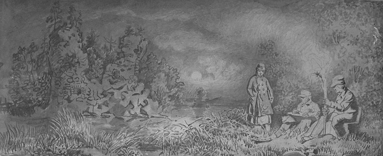 Teckning av Kilian Zoll, vy över Kronobergs slottsruin.
Det syns en kvinna (?) och två herrar som sitter och tecknar av ruinen nattetid.