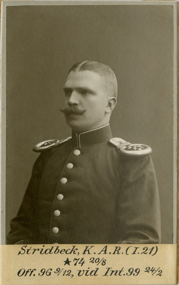 Porträtt av Knut Axel Reinhold Stridbeck, officer vid Kalmar regemente I 21 och Intendenturkåren.