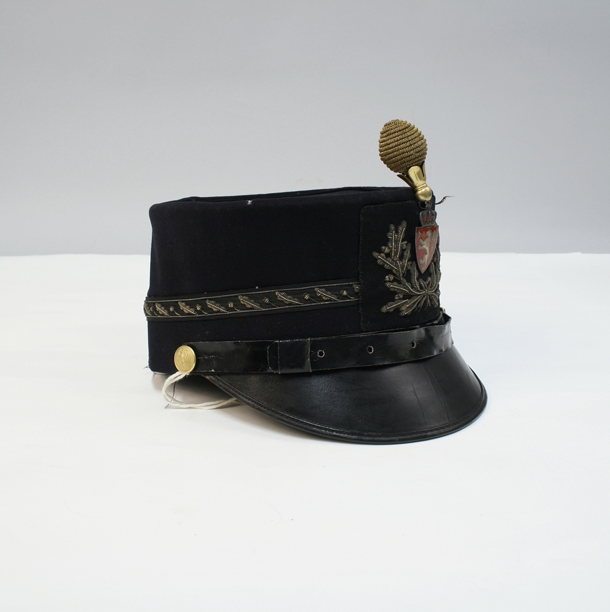 Mørkeblå kepi med blank skjerm med riksvåpen, ekeløvsdekor og pompon i gull.