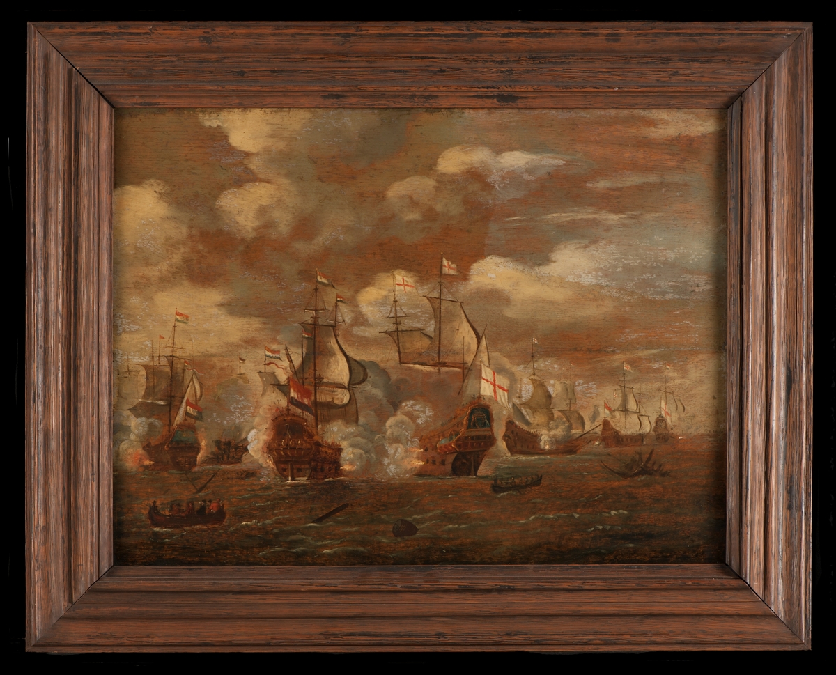 Sjöstrid mellan holländska och engelska skepp, 1600-talets mitt. I fonden två skepp sedda mot aktern, under eldgivning, omgivna av andra skepp. Engelska skeppen med St. Georgeskors på vit botten.
