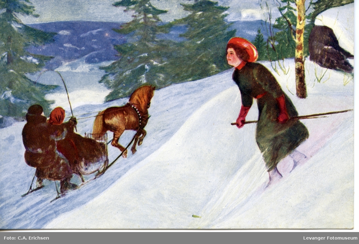 Postkort, vintermotiv med jente som står på ski. hest og slede.