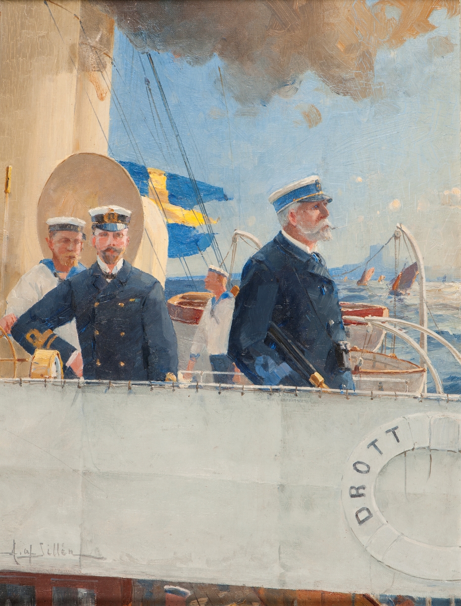 Kommandobrygga med Oscar II och Herman af Sillén påcChefsfartyget RAN (DROTT).