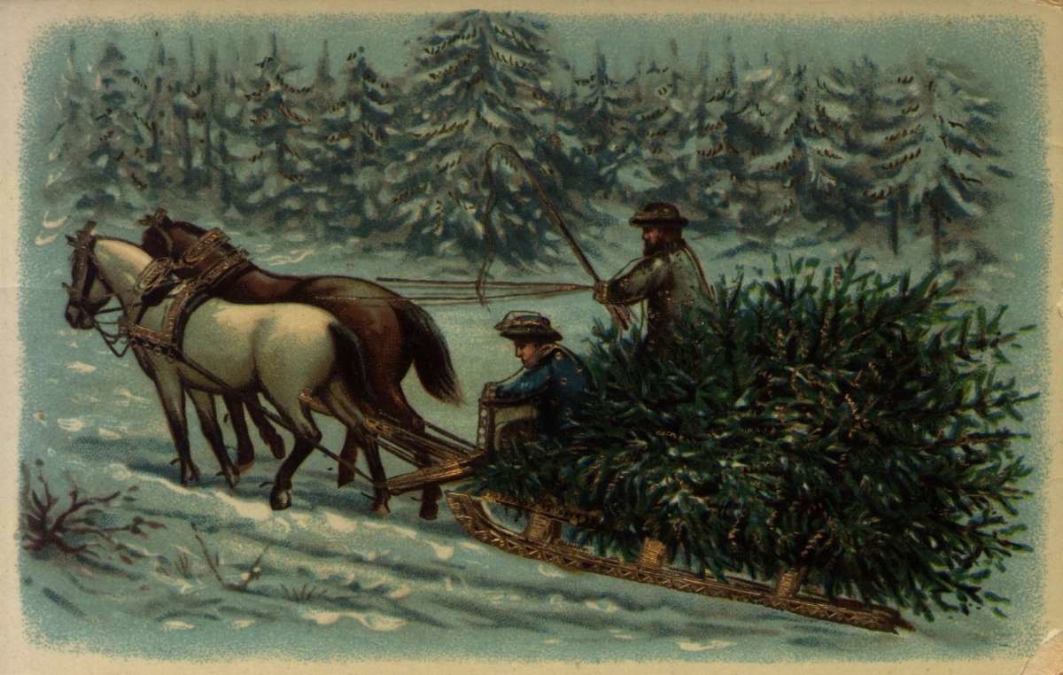 Postkort. Jule- og nyttårshilsen. Snødekt skog. To hester drar et lass med juletrær på en slede. En mann sitter på sleden. En mann har tømmene. Dekorert med gullfarge. Datert 21.12.1920.