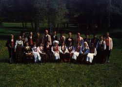 Postkort. Folkedansere fra Bondeungdomslaget. Utstilling NF.