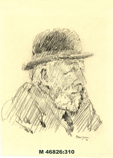 Blyertsteckning.
Porträtt föreställande äldre man med hakskägg och hatt, i profil.