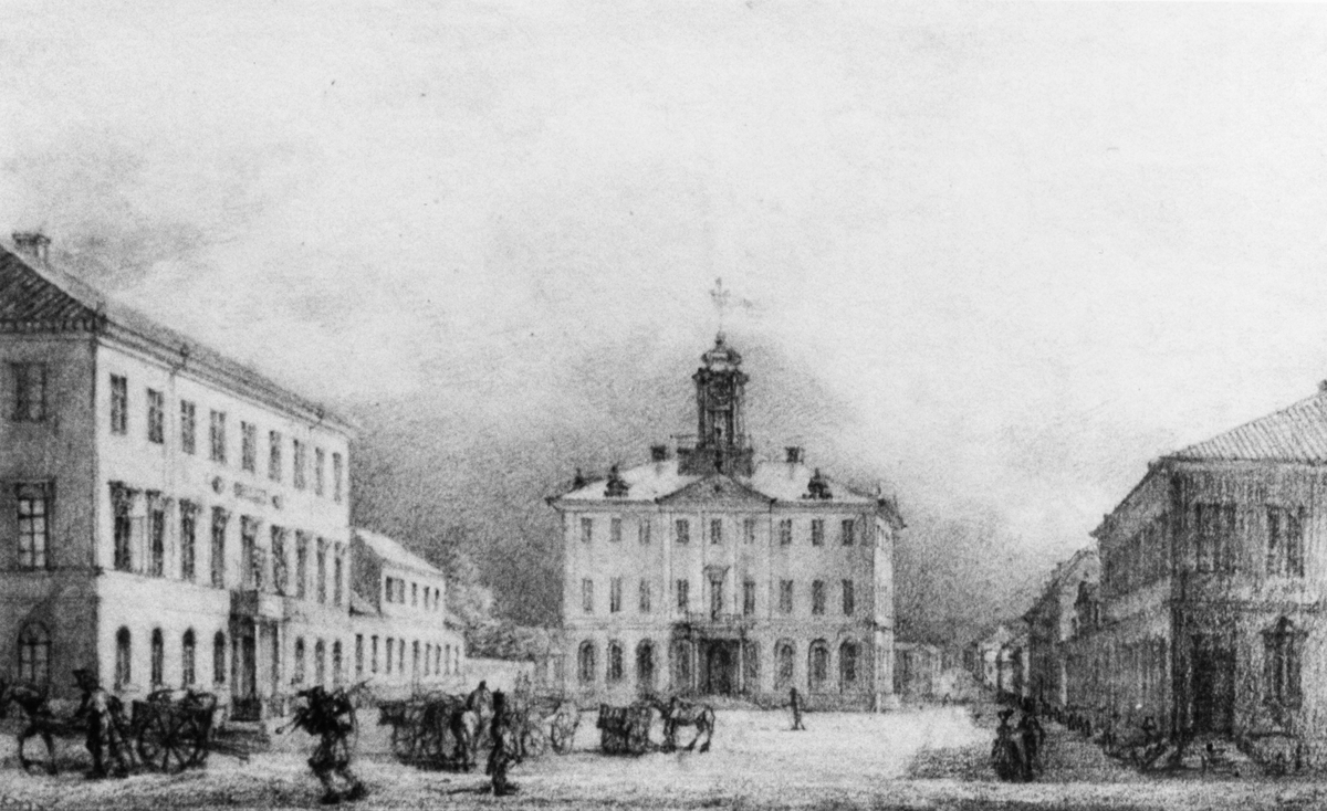 Ferdinand Tollins teckning av Gävle Rådhus och stortorg ritade ur minnet.



