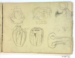 Egyptiske motiv; folk, fugler, hieroglyfer mm [Tegning]