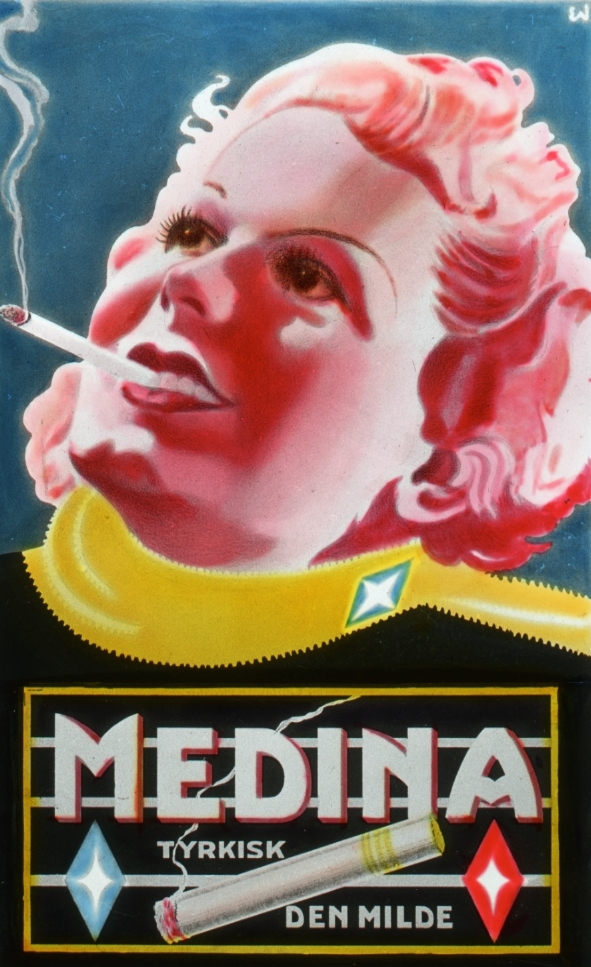 Tegnet reklame for Medina sigaretter.
