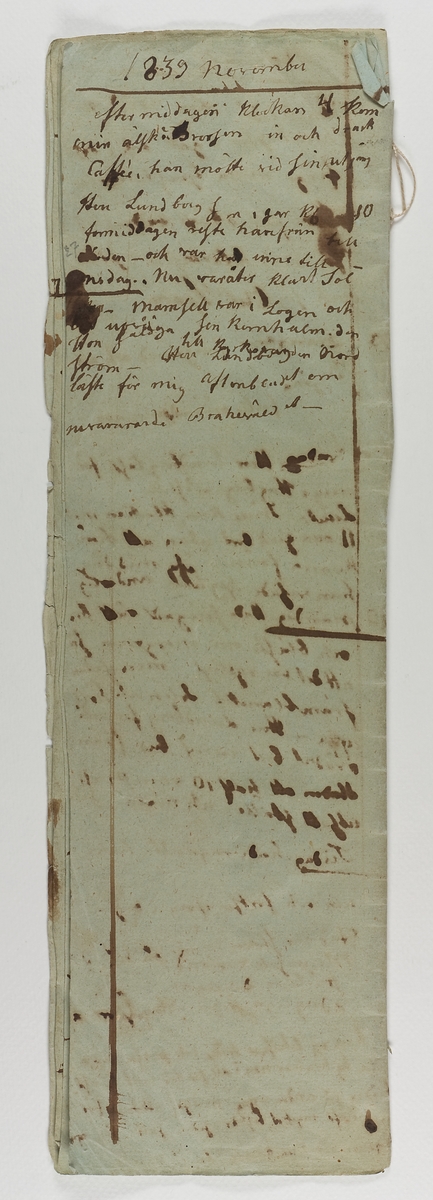 Sista sidan ur Märta Helena Reenstiernas (Årstafruns) dagbok. Daterad  November 1839. Här skriver hon bland annat om Braheväldet.
