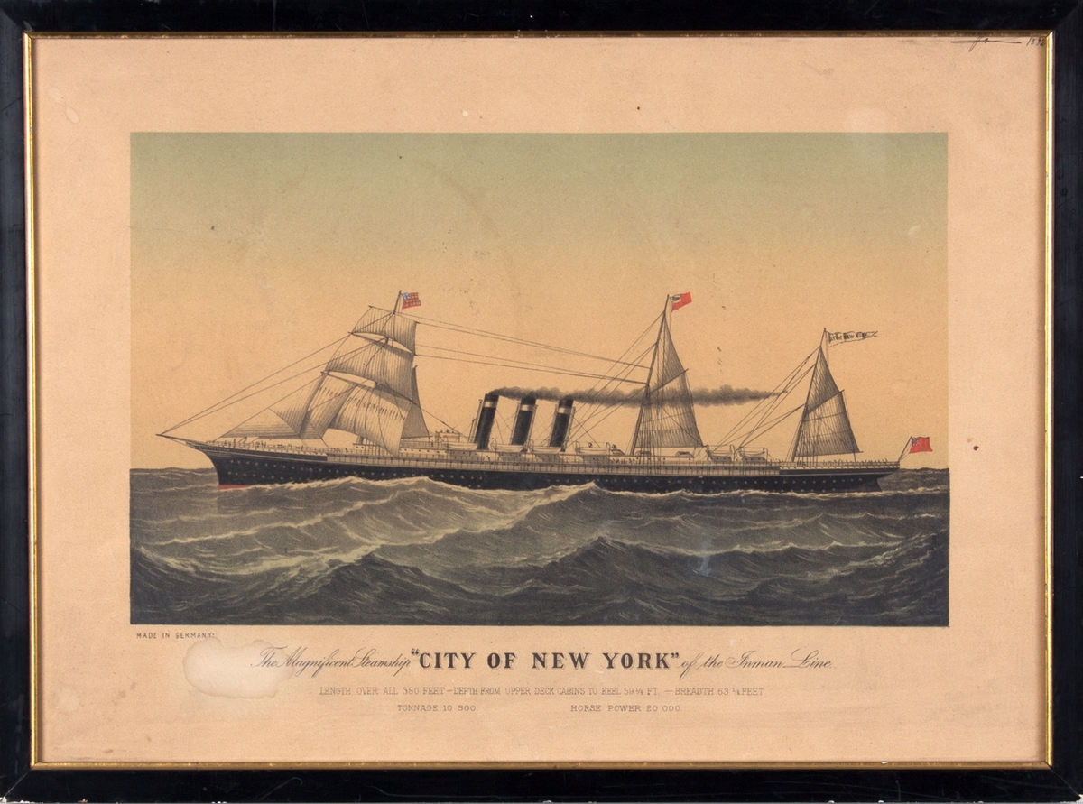 DS CITY OF NEW YORK for fulle seil og med damp i tre skorsteiner. På åpen sjø.