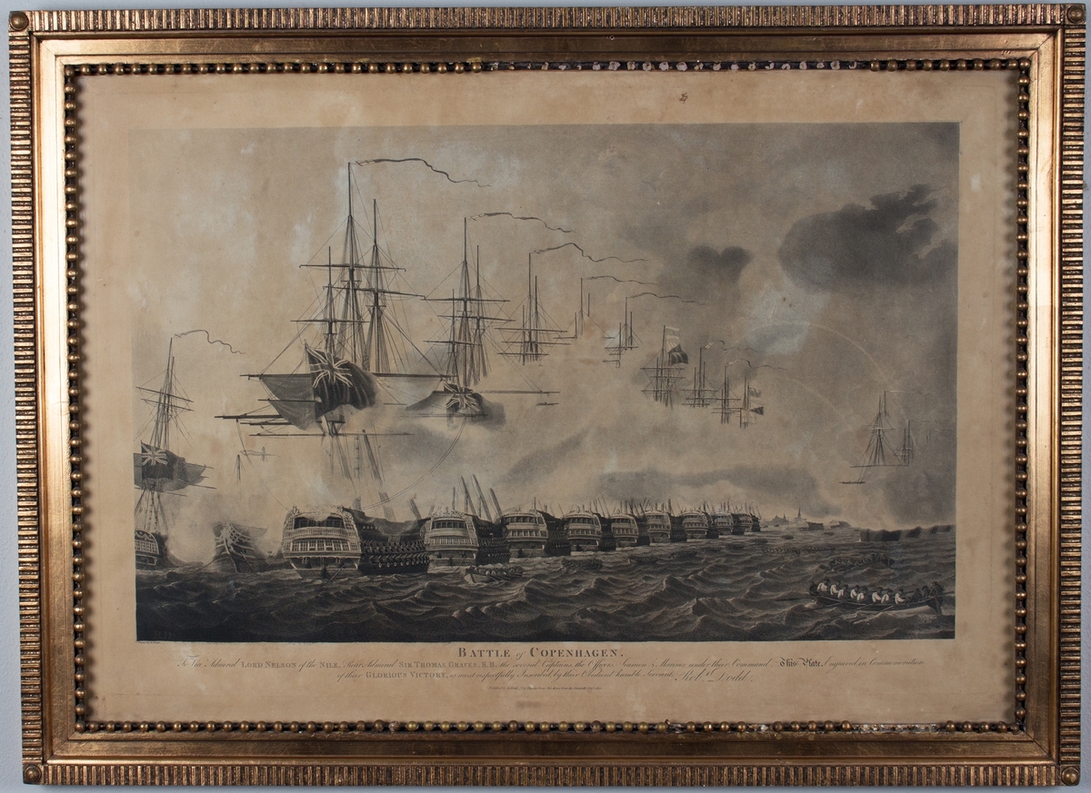 Slaget om København, britiske skip angriper. 16 sjalupper ros mellom skipene som angriper hverandre.
