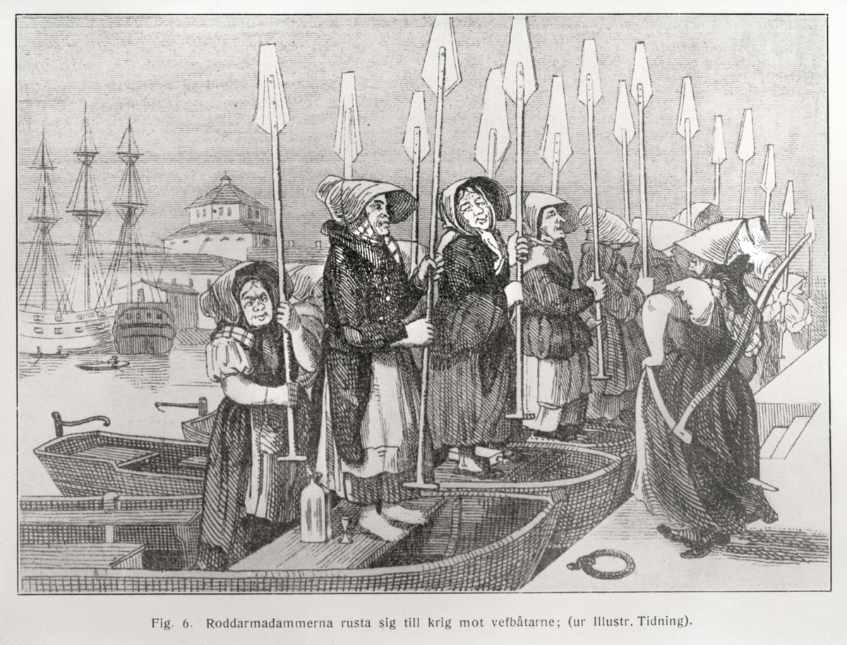 "Roddarmadamerna rusta sig till krig mot vefbåtarne." Illustration ur Illustrerad Tidning, 1855.