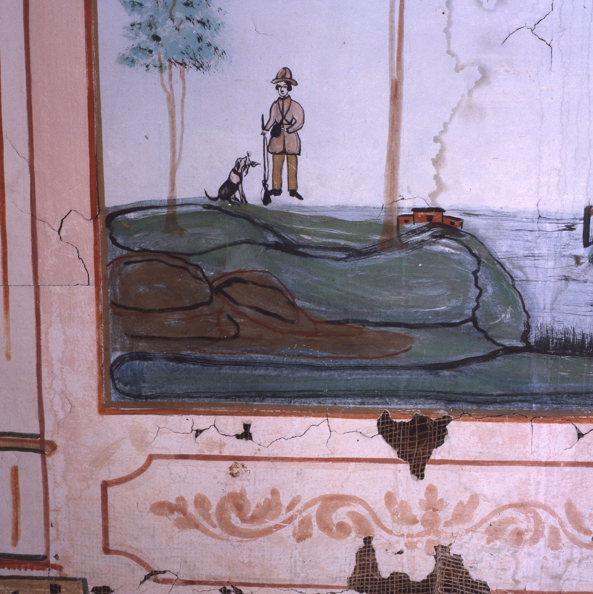 En väggmålning vid Livgården föreställande en jägare som står med sin hund intill en vattensamling, 1997.