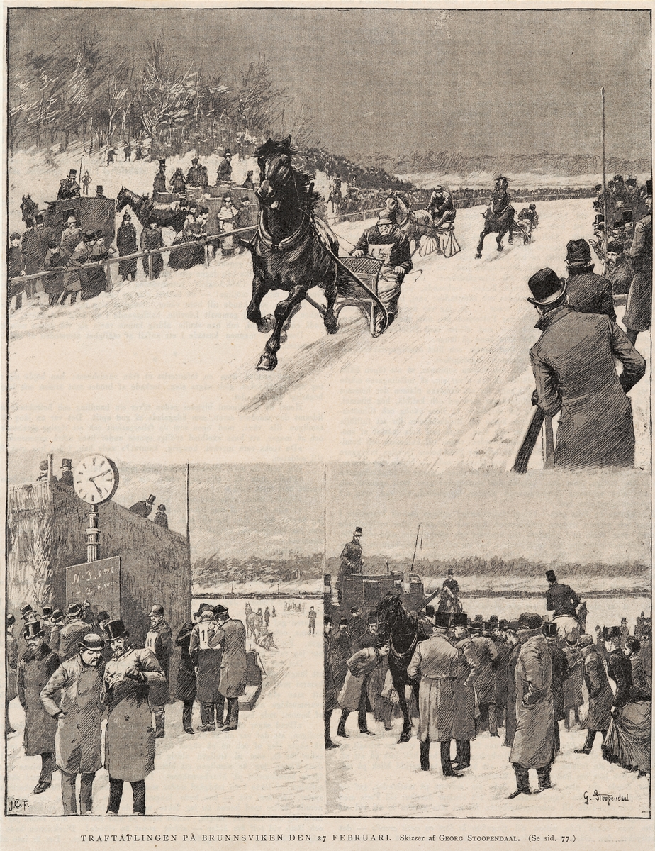 Travtävlingar den 27 febr. 1888. Teckning av G.Stoopendaal  N.I.T. 10/3 1888